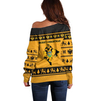 Montenegro Christmas Off Shoulder Sweater with Gold-Black Theme, Double-Headed Eagle, and Map Motif - Wonder Print Shop