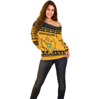 Montenegro Christmas Off Shoulder Sweater with Gold-Black Theme, Double-Headed Eagle, and Map Motif - Wonder Print Shop