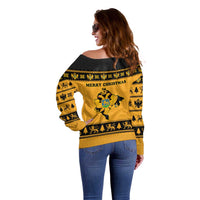 Montenegro Christmas Off Shoulder Sweater with Gold-Black Theme, Double-Headed Eagle, and Map Motif - Wonder Print Shop