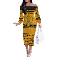 Montenegro Christmas Off The Shoulder Long Sleeve Dress with Gold-Black Theme, Double-Headed Eagle, and Map Motif - Wonder Print Shop