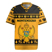Montenegro Christmas Rugby Jersey with Gold-Black Theme, Double-Headed Eagle, and Map Motif - Wonder Print Shop