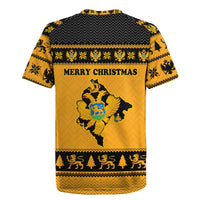 Montenegro Christmas Rugby Jersey with Gold-Black Theme, Double-Headed Eagle, and Map Motif - Wonder Print Shop