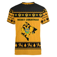 Montenegro Christmas Women V-Neck T-Shirt with Gold-Black Theme, Double-Headed Eagle, and Map Motif - Wonder Print Shop