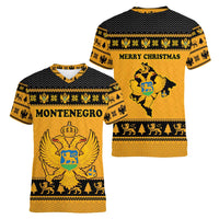 Montenegro Christmas Women V-Neck T-Shirt with Gold-Black Theme, Double-Headed Eagle, and Map Motif - Wonder Print Shop