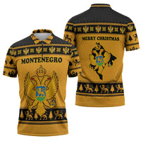 Montenegro Christmas Zipper Polo Shirt with Gold-Black Theme, Double-Headed Eagle, and Map Motif - Wonder Print Shop