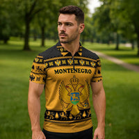 Montenegro Christmas Zipper Polo Shirt with Gold-Black Theme, Double-Headed Eagle, and Map Motif - Wonder Print Shop