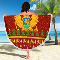 Montenegro Christmas Beach Blanket with Red-Gold Theme, Double-Headed Eagle, and Santa Motif - Wonder Print Shop