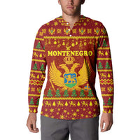 Montenegro Christmas Button Sweatshirt with Red-Gold Theme, Double-Headed Eagle, and Santa Motif - Wonder Print Shop