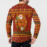 Montenegro Christmas Button Sweatshirt with Red-Gold Theme, Double-Headed Eagle, and Santa Motif - Wonder Print Shop