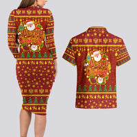 Montenegro Christmas Couples Matching Long Sleeve Bodycon Dress and Hawaiian Shirt with Red-Gold Theme, Double-Headed Eagle, and Santa Motif - Wonder Print Shop