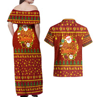 Montenegro Christmas Couples Matching Off Shoulder Maxi Dress and Hawaiian Shirt with Red-Gold Theme, Double-Headed Eagle, and Santa Motif - Wonder Print Shop