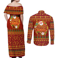 Montenegro Christmas Couples Matching Off Shoulder Maxi Dress and Long Sleeve Button Shirt with Red-Gold Theme, Double-Headed Eagle, and Santa Motif - Wonder Print Shop