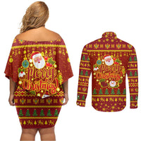 Montenegro Christmas Couples Matching Off Shoulder Short Dress and Long Sleeve Button Shirt with Red-Gold Theme, Double-Headed Eagle, and Santa Motif - Wonder Print Shop