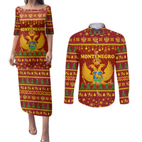 Montenegro Christmas Couples Matching Puletasi and Long Sleeve Button Shirt with Red-Gold Theme, Double-Headed Eagle, and Santa Motif - Wonder Print Shop