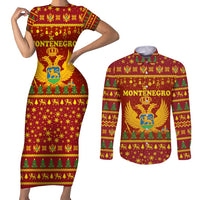 Montenegro Christmas Couples Matching Short Sleeve Bodycon Dress and Long Sleeve Button Shirt with Red-Gold Theme, Double-Headed Eagle, and Santa Motif - Wonder Print Shop