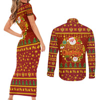 Montenegro Christmas Couples Matching Short Sleeve Bodycon Dress and Long Sleeve Button Shirt with Red-Gold Theme, Double-Headed Eagle, and Santa Motif - Wonder Print Shop