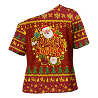 Montenegro Christmas Cross Shoulder Shirt with Red-Gold Theme, Double-Headed Eagle, and Santa Motif - Wonder Print Shop