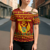 Montenegro Christmas Cross Shoulder Shirt with Red-Gold Theme, Double-Headed Eagle, and Santa Motif - Wonder Print Shop