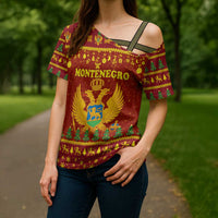 Montenegro Christmas Cross Shoulder Shirt with Red-Gold Theme, Double-Headed Eagle, and Santa Motif - Wonder Print Shop