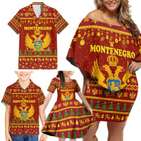 Montenegro Christmas Family Matching Off Shoulder Short Dress and Hawaiian Shirt with Red-Gold Theme, Double-Headed Eagle, and Santa Motif - Wonder Print Shop