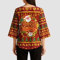 Montenegro Christmas Kimono Sleeve Blouse with Red-Gold Theme, Double-Headed Eagle, and Santa Motif - Wonder Print Shop