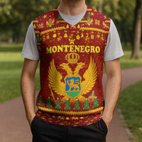 Montenegro Christmas Knitted V-Neck Vest with Red-Gold Theme, Double-Headed Eagle, and Santa Motif - Wonder Print Shop