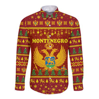 Montenegro Christmas Long Sleeve Button Shirt with Red-Gold Theme, Double-Headed Eagle, and Santa Motif - Wonder Print Shop