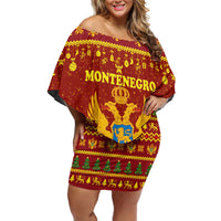 Montenegro Christmas Off Shoulder Short Dress with Red-Gold Theme, Double-Headed Eagle, and Santa Motif - Wonder Print Shop