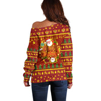 Montenegro Christmas Off Shoulder Sweater with Red-Gold Theme, Double-Headed Eagle, and Santa Motif - Wonder Print Shop
