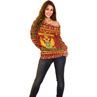 Montenegro Christmas Off Shoulder Sweater with Red-Gold Theme, Double-Headed Eagle, and Santa Motif - Wonder Print Shop