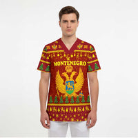 Montenegro Christmas Scrub Top with Red-Gold Theme, Double-Headed Eagle, and Santa Motif - Wonder Print Shop