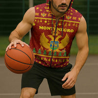 Montenegro Christmas Sleeveless Zip Hoodie with Red-Gold Theme, Double-Headed Eagle, and Santa Motif - Wonder Print Shop