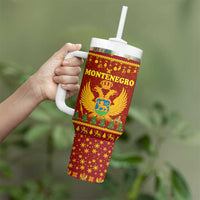 Montenegro Christmas Tumbler With Handle with Red-Gold Theme, Double-Headed Eagle, and Santa Motif - Wonder Print Shop