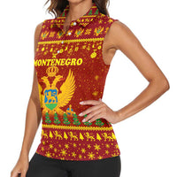 Montenegro Christmas Women Sleeveless Polo Shirt with Red-Gold Theme, Double-Headed Eagle, and Santa Motif - Wonder Print Shop
