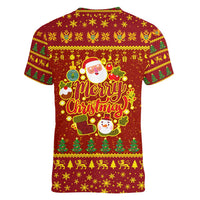 Montenegro Christmas Women V-Neck T-Shirt with Red-Gold Theme, Double-Headed Eagle, and Santa Motif - Wonder Print Shop