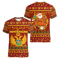 Montenegro Christmas Women V-Neck T-Shirt with Red-Gold Theme, Double-Headed Eagle, and Santa Motif - Wonder Print Shop