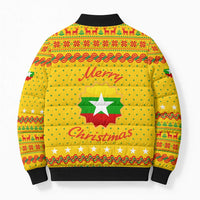 Myanmar Christmas Bomber Puffer Jacket with Yellow-Red-Green Theme, National Emblem, and Star Motif - Wonder Print Shop