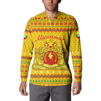Myanmar Christmas Button Sweatshirt with Yellow-Red-Green Theme, National Emblem, and Star Motif - Wonder Print Shop