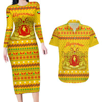 Myanmar Christmas Couples Matching Long Sleeve Bodycon Dress and Hawaiian Shirt with Yellow-Red-Green Theme, National Emblem, and Star Motif - Wonder Print Shop