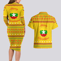 Myanmar Christmas Couples Matching Long Sleeve Bodycon Dress and Hawaiian Shirt with Yellow-Red-Green Theme, National Emblem, and Star Motif - Wonder Print Shop
