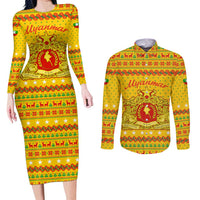 Myanmar Christmas Couples Matching Long Sleeve Bodycon Dress and Long Sleeve Button Shirt with Yellow-Red-Green Theme, National Emblem, and Star Motif - Wonder Print Shop