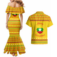 Myanmar Christmas Couples Matching Mermaid Dress and Hawaiian Shirt with Yellow-Red-Green Theme, National Emblem, and Star Motif - Wonder Print Shop