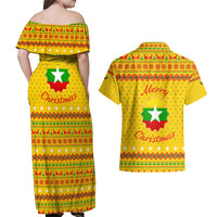 Myanmar Christmas Couples Matching Off Shoulder Maxi Dress and Hawaiian Shirt with Yellow-Red-Green Theme, National Emblem, and Star Motif - Wonder Print Shop