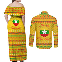 Myanmar Christmas Couples Matching Off Shoulder Maxi Dress and Long Sleeve Button Shirt with Yellow-Red-Green Theme, National Emblem, and Star Motif - Wonder Print Shop