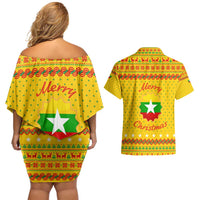 Myanmar Christmas Couples Matching Off Shoulder Short Dress and Hawaiian Shirt with Yellow-Red-Green Theme, National Emblem, and Star Motif - Wonder Print Shop