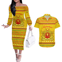 Myanmar Christmas Couples Matching Off The Shoulder Long Sleeve Dress and Hawaiian Shirt with Yellow-Red-Green Theme, National Emblem, and Star Motif - Wonder Print Shop