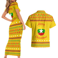 Myanmar Christmas Couples Matching Short Sleeve Bodycon Dress and Hawaiian Shirt with Yellow-Red-Green Theme, National Emblem, and Star Motif - Wonder Print Shop
