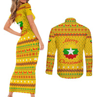 Myanmar Christmas Couples Matching Short Sleeve Bodycon Dress and Long Sleeve Button Shirt with Yellow-Red-Green Theme, National Emblem, and Star Motif - Wonder Print Shop