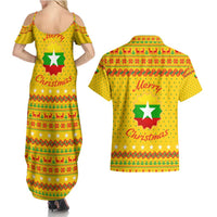 Myanmar Christmas Couples Matching Summer Maxi Dress and Hawaiian Shirt with Yellow-Red-Green Theme, National Emblem, and Star Motif - Wonder Print Shop