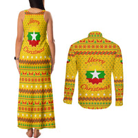 Myanmar Christmas Couples Matching Tank Maxi Dress and Long Sleeve Button Shirt with Yellow-Red-Green Theme, National Emblem, and Star Motif - Wonder Print Shop